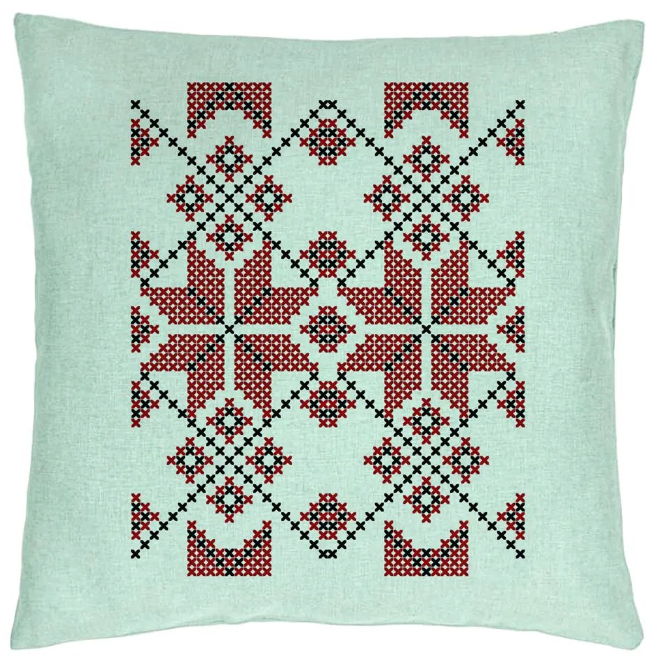 Perna Decorativa, Model cu Motive Romanesti, 40x40 cm, Verde Menta, Husa Detasabila, Burduf