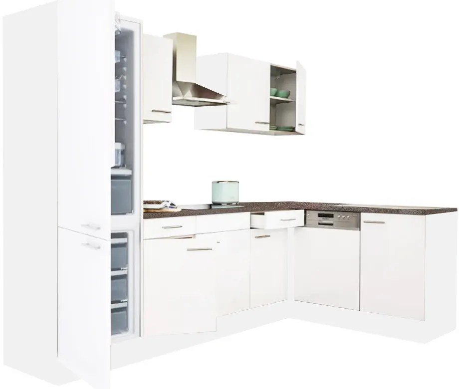 Dulap de bucătărie de colț Yorki 280, corp alb, față alb satinat, cu frigider sub blat