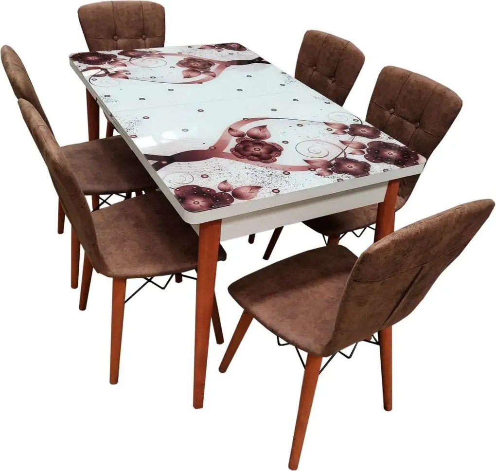 Set masa extensibila picioare lemn, blat sticla securizata +6 scaune tapitate Fusion Homs maro 80x 170 cm