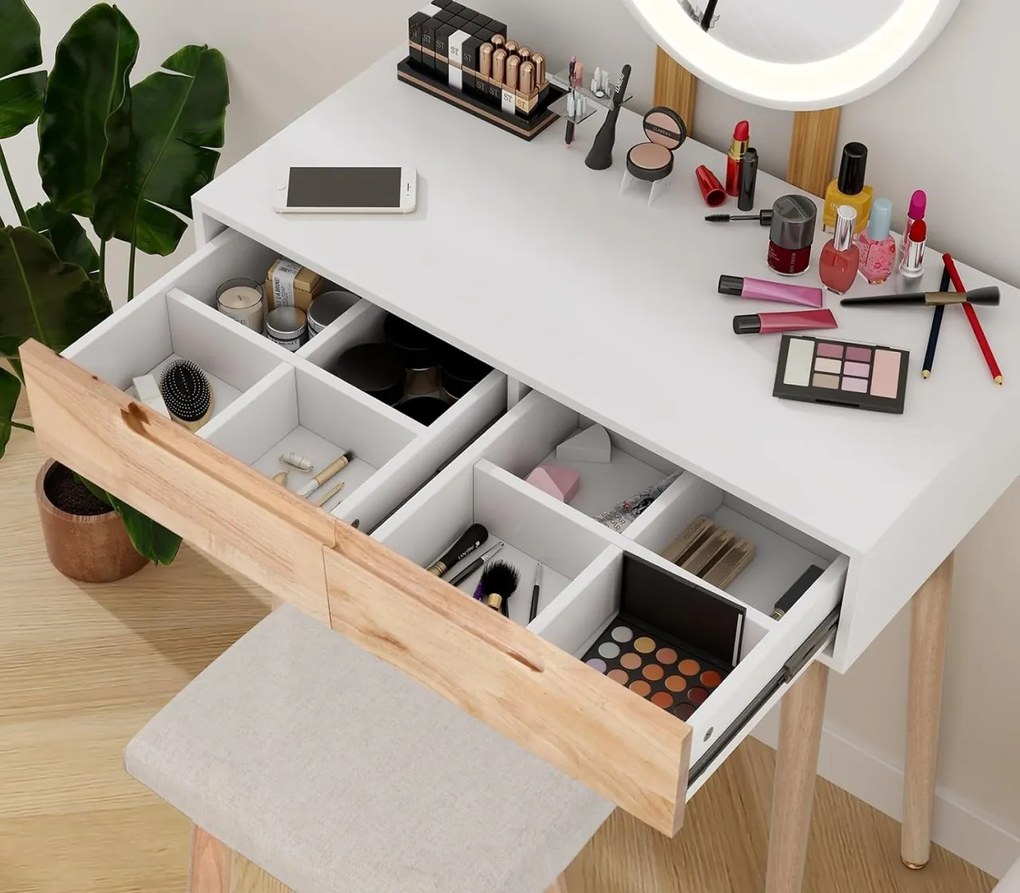 Masuta machiaj cu Oglinda LED si 2 Sertare pentru Cosmetice, Set Masa toaleta 70 cm, Alb, masuta cosmetica, vanity - SEM235