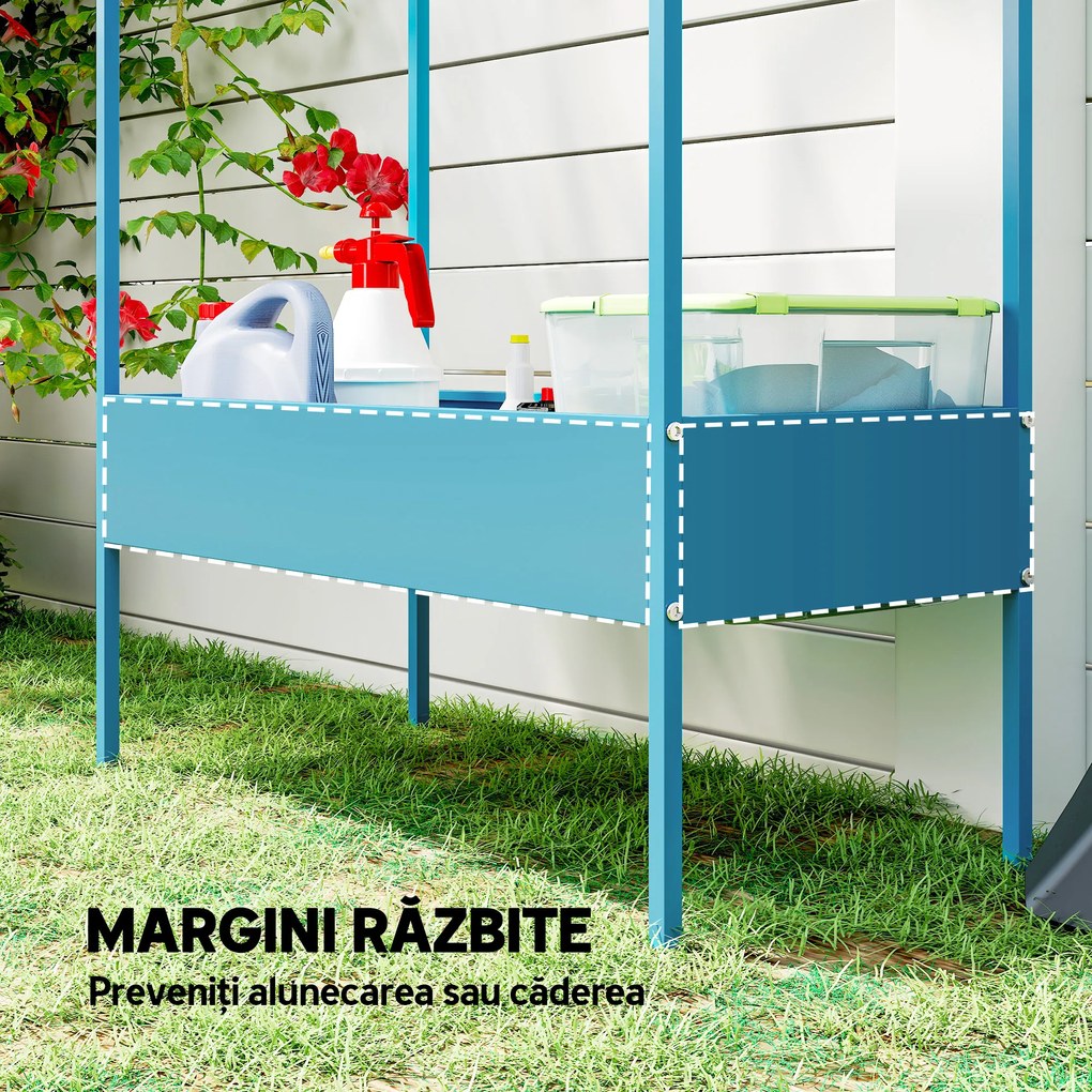 Outsunny Suport Ghivece pe 2 Niveluri din Metal în Formă de Casă, Raft pentru Plante cu Cârlig pentru Interior și Exterior, 75x35x150 cm, Verde Albastru | Aosom Romania