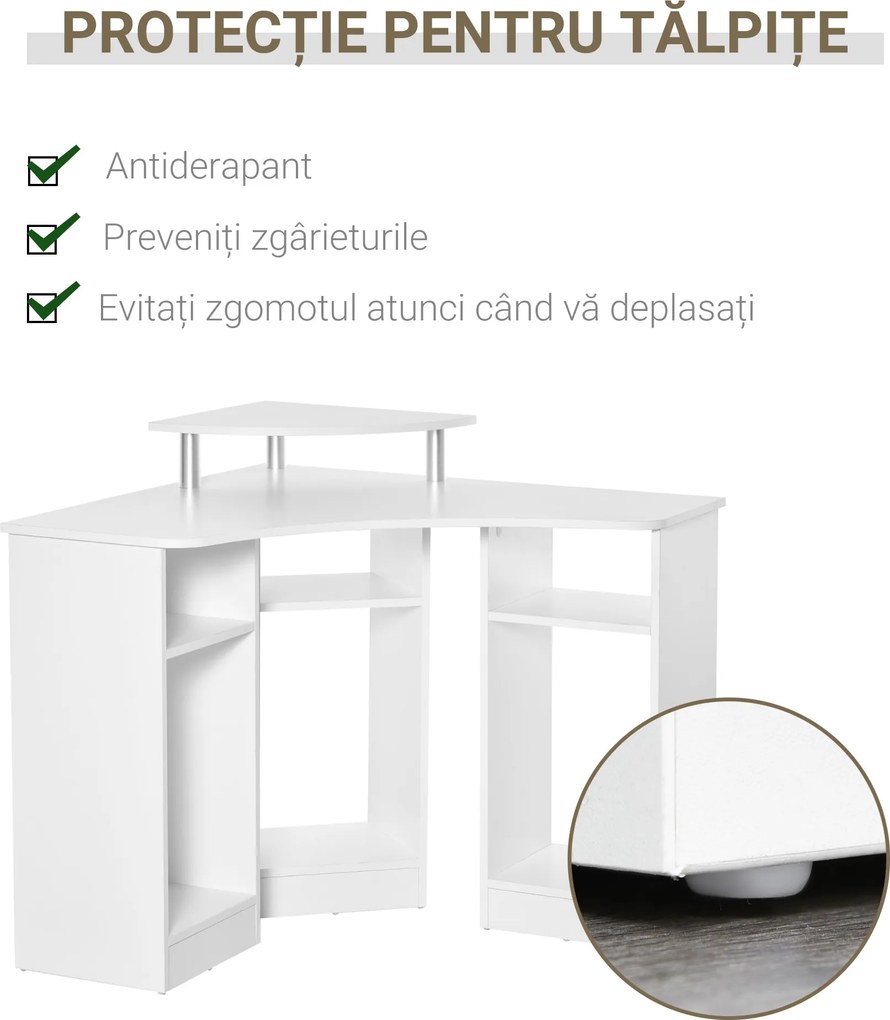 HOMCOM Birou Unghiular cu 3 Secțiuni, Spațiu de Lucru pentru Acasă sau Birou, Raft pentru Monitor, Lemn, Alb, Design Modern | Aosom Romania