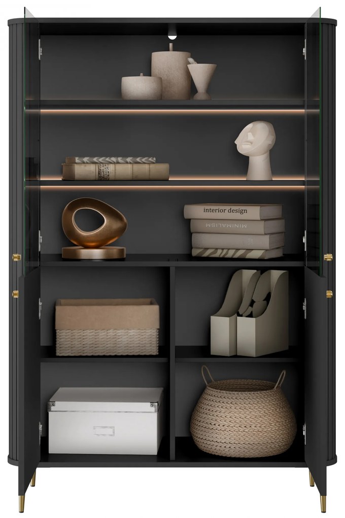 Vitrină cu patru uși Vesper 103 cm - negru / picioare aurii