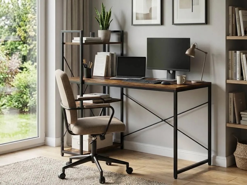 Birou de scris cu raft LOFTY 120x60 cm, negru / maro rustic