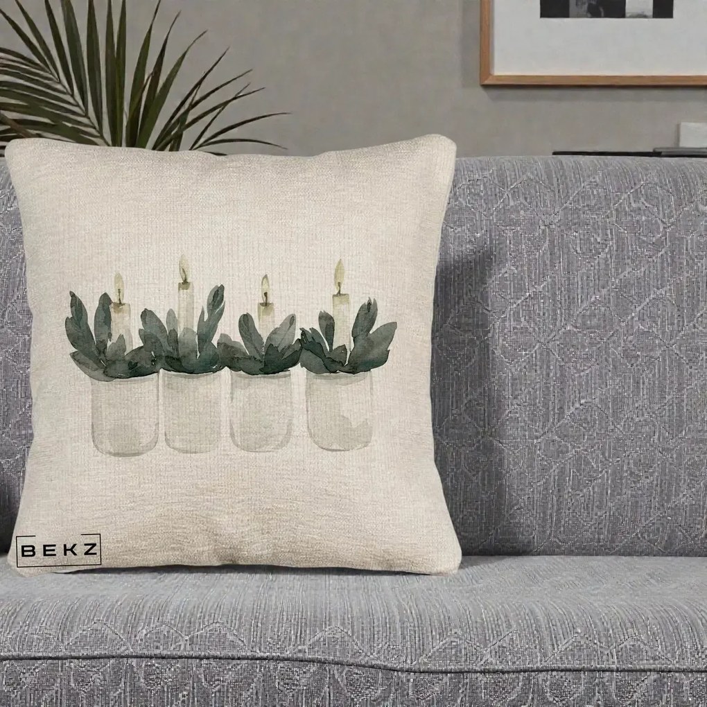 Perna Decorativa Lumanari Advent in Borcane, 40x40 cm, Bej Canapea, Husa Detasabila, Perna Inclusa, BEKZ®