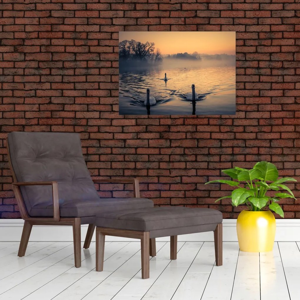Tablou pe sticlă cu lebăde pe apă în ceață (70x50 cm)