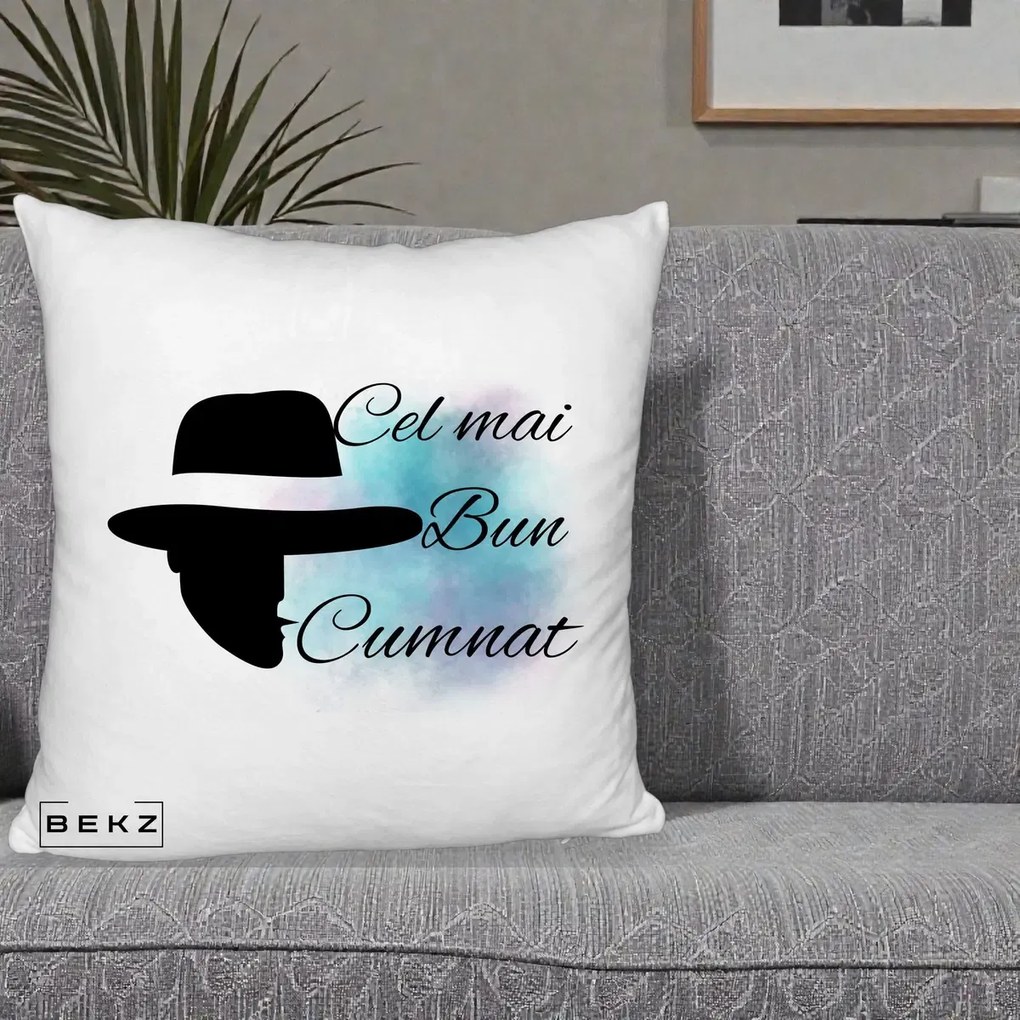 Cadou pentru Cumnat - Perna Personalizata Cel mai Bun Cumnat cu Silueta Palarie si Pete Teal-Roz, 40x40 cm, Alb Pufos, Husa Detasabila, Perna Inclusa, BEKZ®