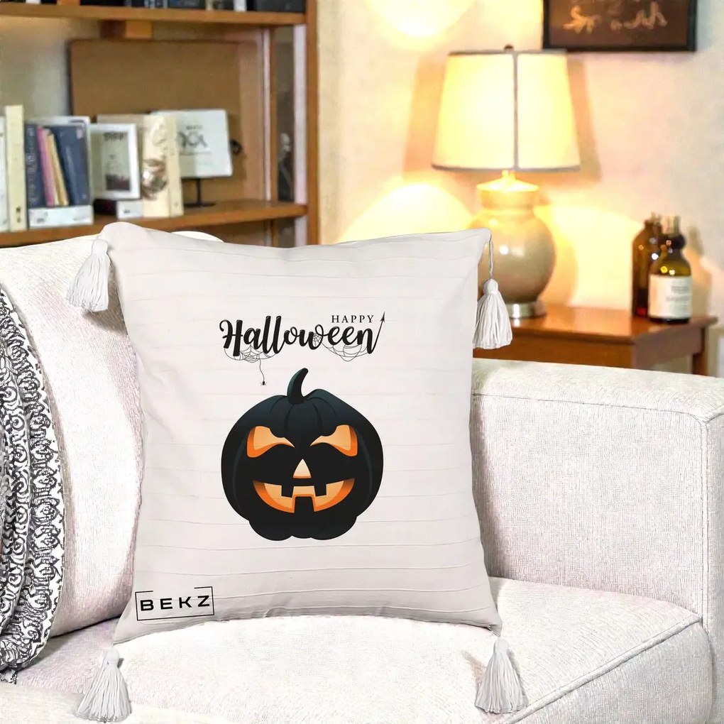 Perna Decorativa Happy Halloween Dovleac Negru cu Paianjen, 40x40 cm, Bej cu Franjuri, Husa Detasabila, Perna Inclusa, BEKZ®