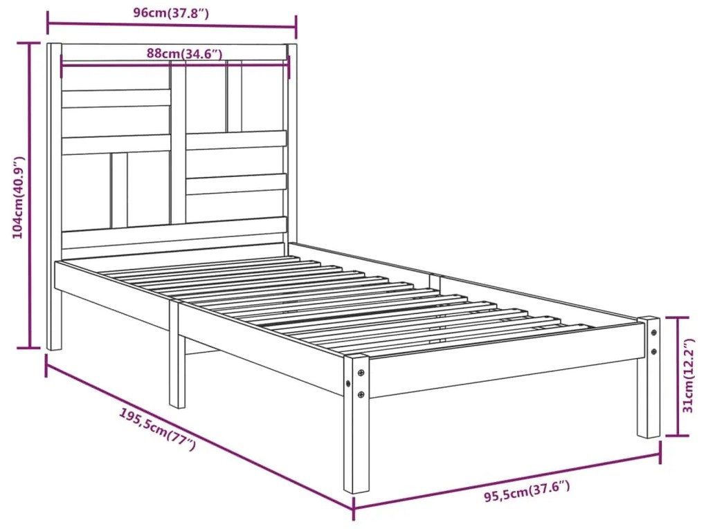 Cadru de pat Single 3FT, gri, 90x190 cm, lemn masiv Gri, 90 x 190 cm