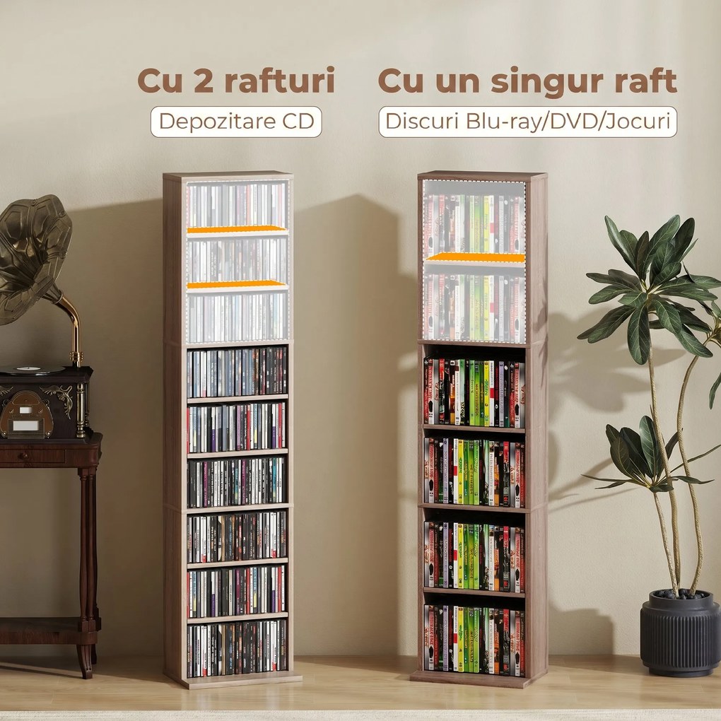 HOMCOM Raft pentru CD-uri cu 6 Rafturi Ajustabile, Capacitate 260 CD-uri/120 DVD-uri, 33x24x140 cm, Lemn Natural | Aosom Romania
