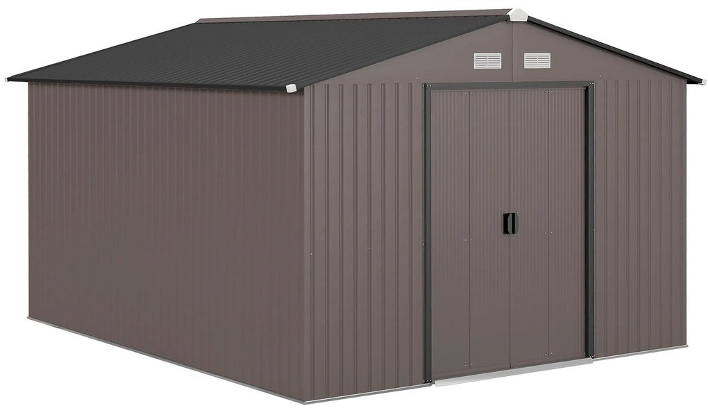 Outsunny Magazie de Grădină 8.3m² din Oțel Zincat, Uși Duble Glisante, 277x322x192 cm, Maro | Aosom Romania