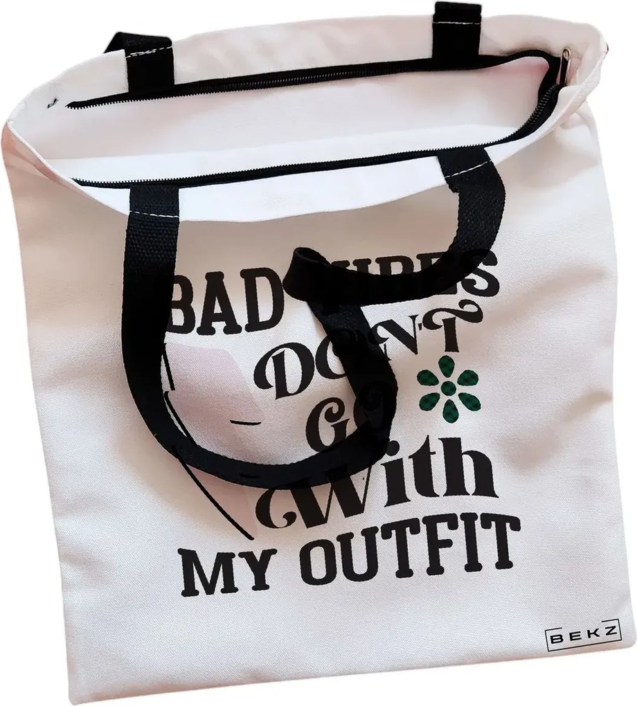 Sacosa de Panza pentru Cumparaturi, Geanta Tote, model Bad vibes don't go with my outfit, Cu fermoar, 38x34.5 cm, Alba, BEKZ®