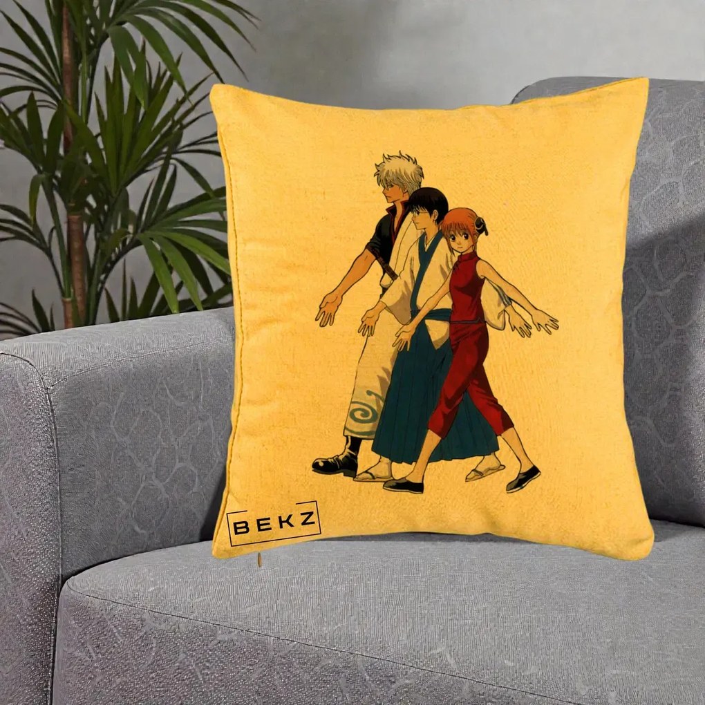 Perna Personalizata Gintama Trio Gintoki Shinpachi Kagura, 40x40 cm, Galben, Husa Detasabila, Perna Inclusa, BEKZ®