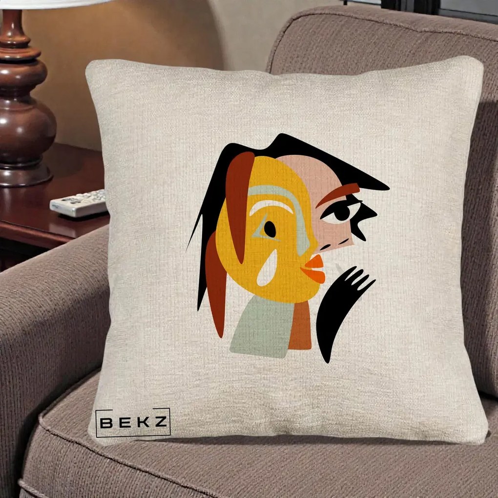 Perna Decorativa Portret Abstract Galben-Ocru, 40x40 cm, Bej Canapea, Husa Detasabila, Perna Inclusa, BEKZ®
