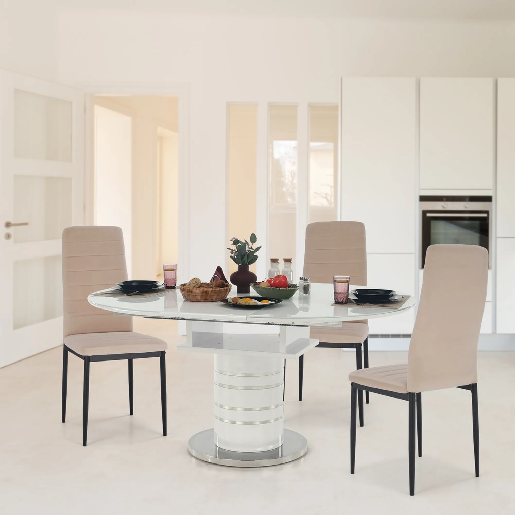 Masă dining extensibilă, alb extra lucios HG, diametru 120 cm, ZAMON