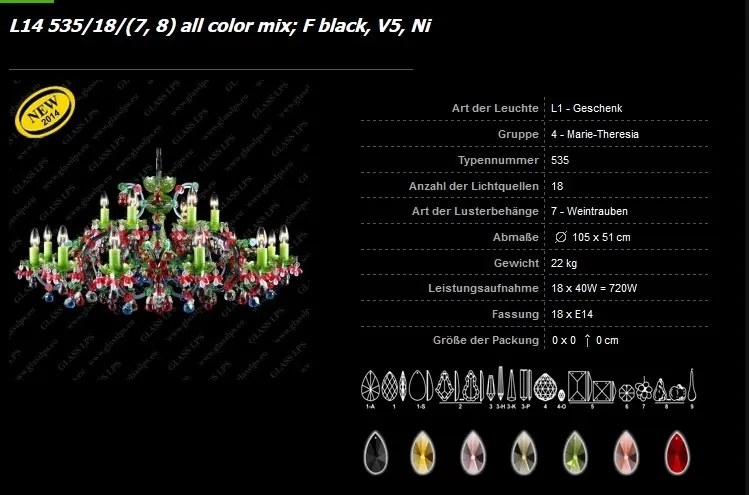 Lustra XL Maria Theresa cu 18 brate, cristal Bohemia, L14 535/18/(7,8) color mix