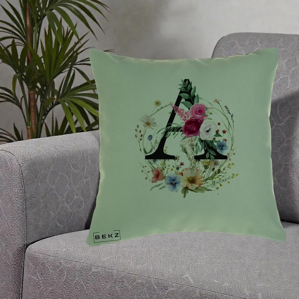 Cadou Personalizat - Perna Personalizata Monogram Litera A cu Flori Acuarela, 40x40 cm, Verde, Husa Detasabila, Perna Inclusa, BEKZ®