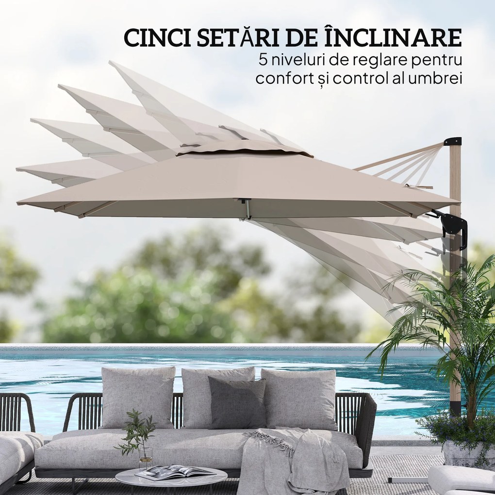 Outsunny Umbrelă de Grădină Suspendată Înclinabilă cu Bază în Cruce UPF50+, Kaki | Aosom Romania