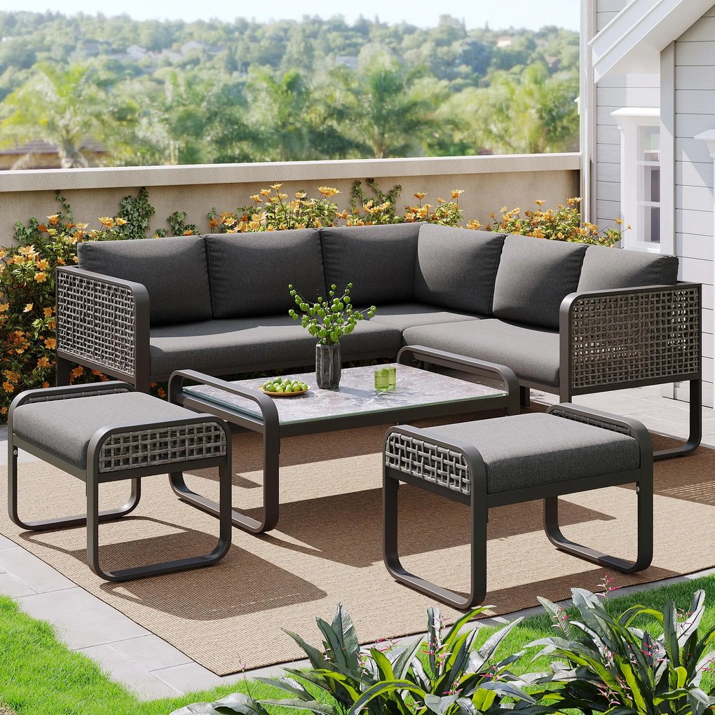 Set de lounge pentru grădină pentru 6-7 persoane, mobilier din ratan cu cadru din fier galvanizat și picioare reglabile, inclusiv perne de șezut și spătar, Gri