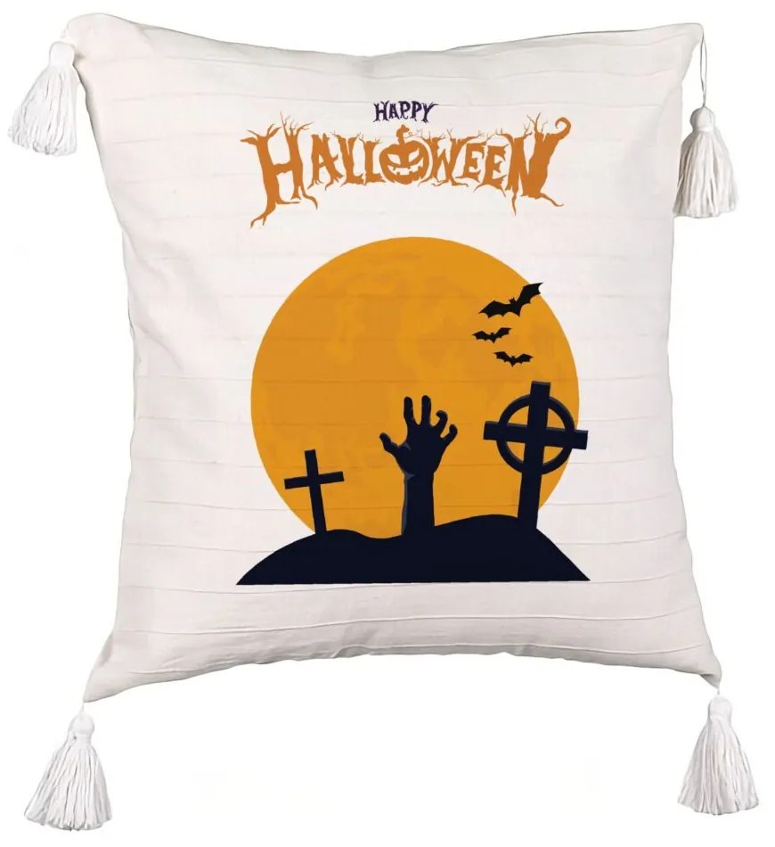 Perna Decorativa cu Franjuri cu motiv de Halloween 2, 45x45 cm, Ecru, Cu fermoar