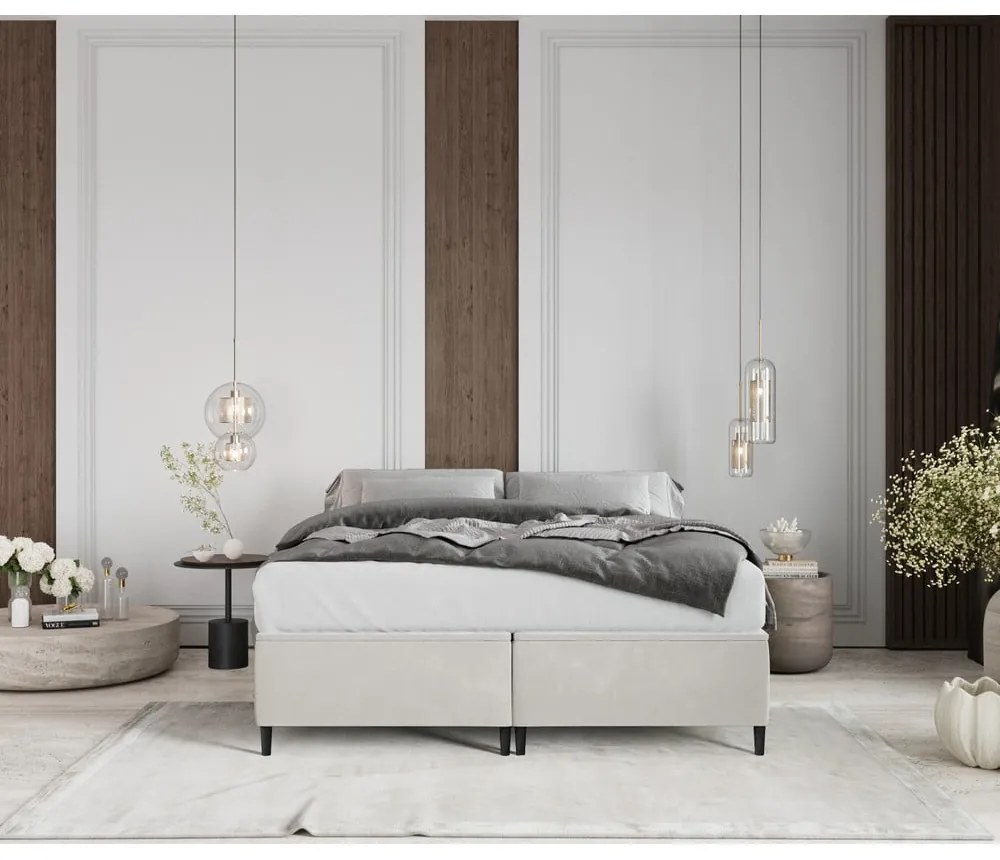 Pat matrimonial crem tapițat cu spațiu de depozitare 140x200 cm Tate – Maison de Rêve