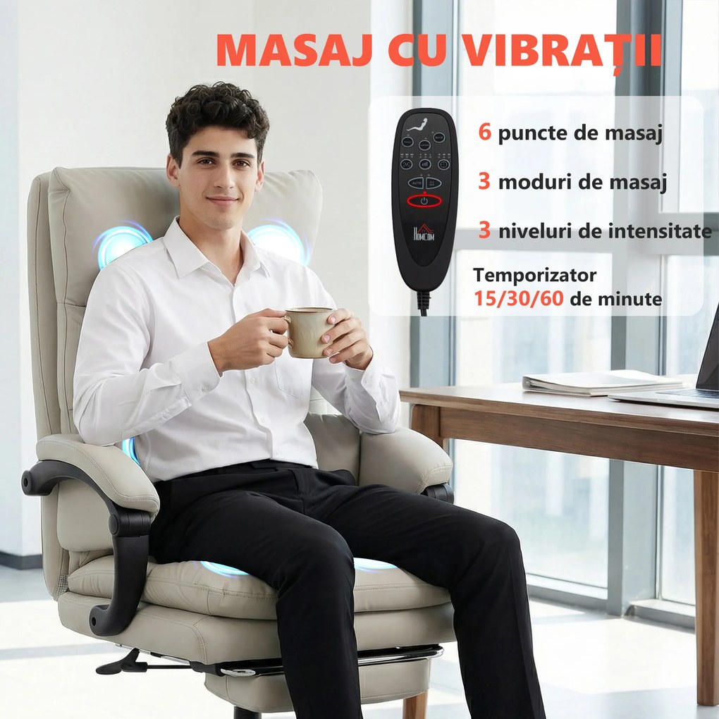 HOMCOM Scaun de Birou cu Masaj la 6 Puncte și Funcție de Încălzire, Reglabil 135° din Piele PU cu Suport pentru Picioare, Brațe Tapițate, Înălțime Reglabilă, Spătar Înalt, Gri Deschis | Aosom Romania