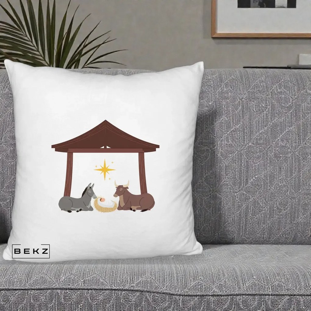 Perna Decorativa Ieslea din Betleem cu Iesle Asin si Bou, 40x40 cm, Alb Pufos, Husa Detasabila, Perna Inclusa, BEKZ®