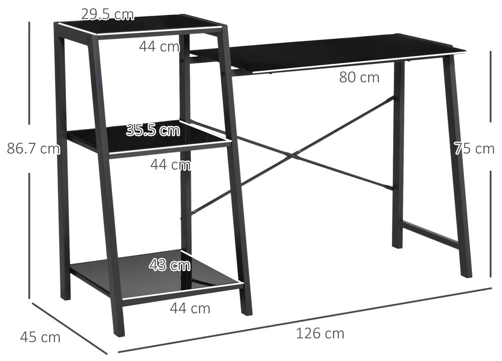 HOMCOM Birou pentru camera si birou cu raft 3 rafturi, birou modern din sticla si metal, 126x45x86.7cm, negru