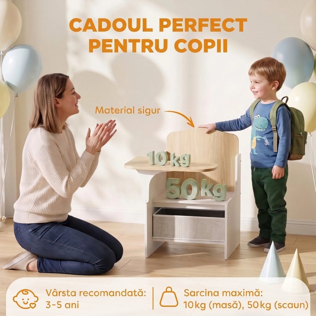 AIYAPLAY Set Masă și Scaune pentru Copii cu Spațiu de Depozitare pentru 3-5 Ani, Alb | Aosom Romania