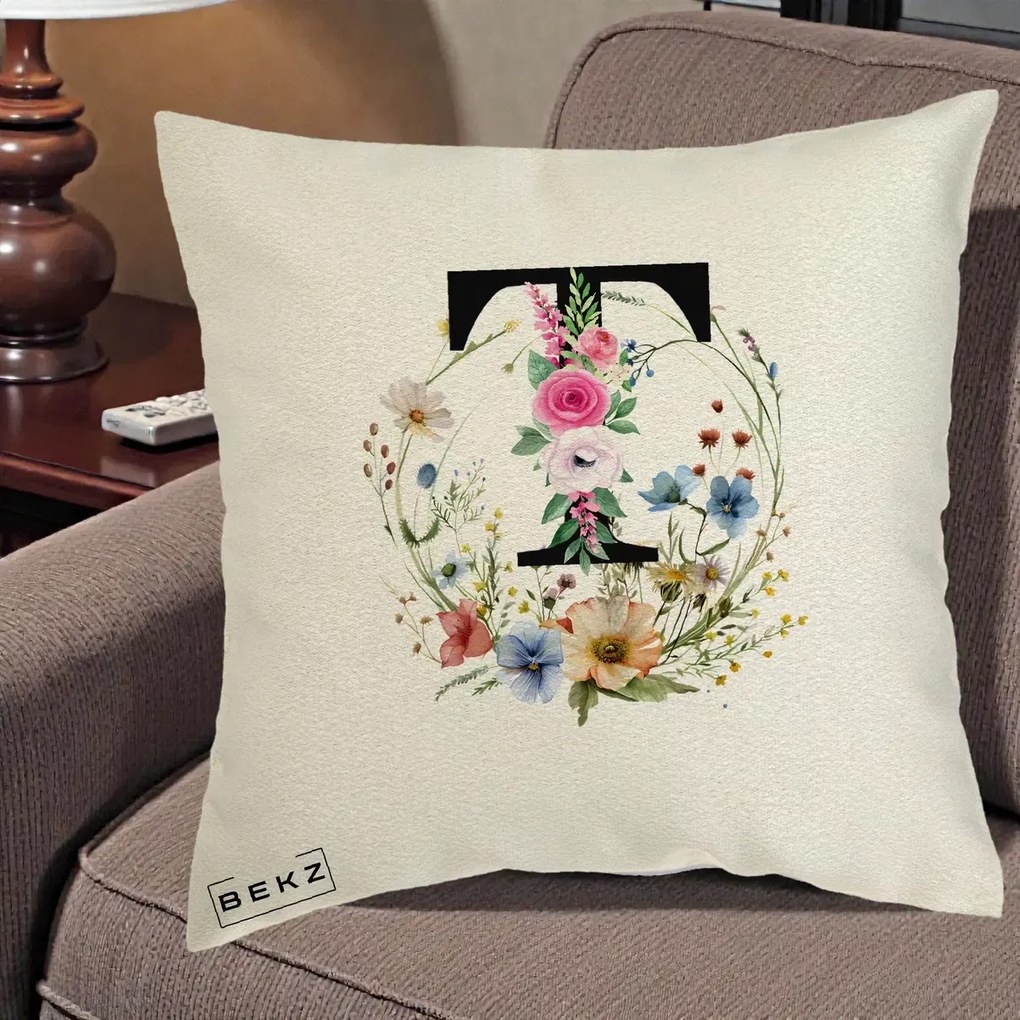 Cadou Personalizat - Perna Personalizata Monogram Litera T cu Flori Acuarela, 40x40 cm, Ecru, Husa Detasabila, Perna Inclusa, BEKZ®