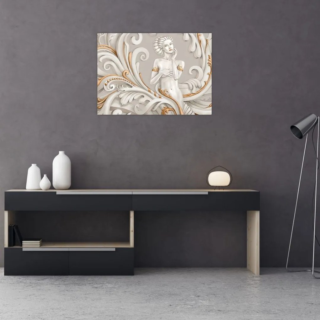 Tablou pe sticlă - Imagine a zeiței într-un fundal ornamental (70x50 cm)