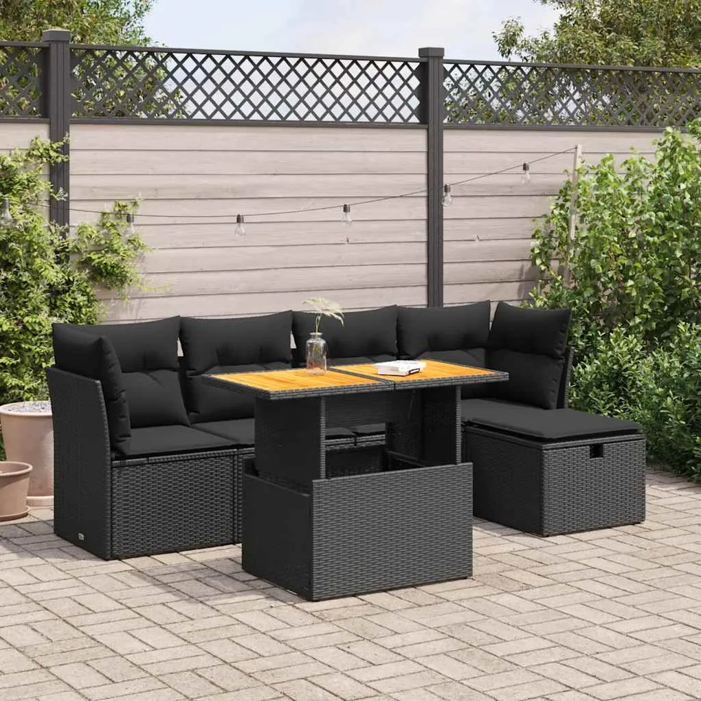 3327965 vidaXL Set mobilier grădină perne 6 piese negru poliratan/lemn acacia