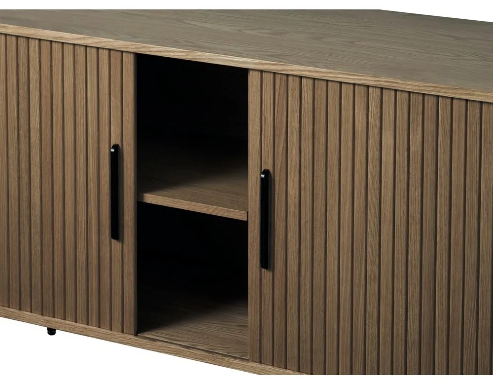 Comodă maro cu aspect de lemn de stejar cu ușă glisantă 180x76x45 cm Nola – Unique Furniture