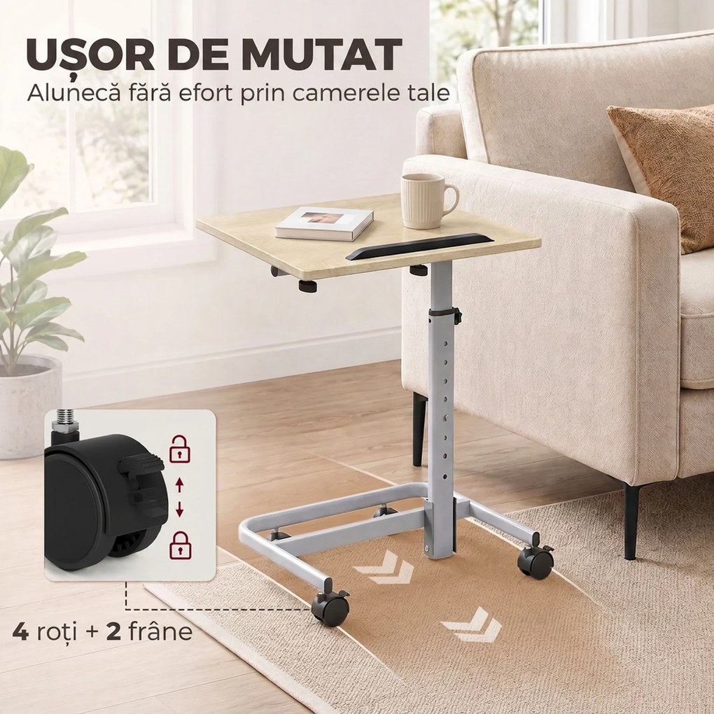 HOMCOM Măsuță pentru Laptop cu Înălțime Reglabilă, 4 Roți, Lemn și Metal, 60 x 40 x 72-93,5 cm, Stejar | Aosom Romania