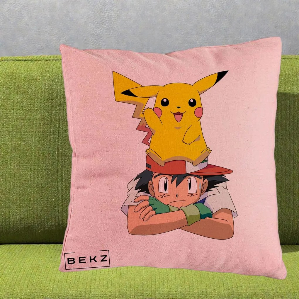 Perna Personalizata Ash si Pikachu, 40x40 cm, Roz, Husa Detasabila, Perna Inclusa, BEKZ®