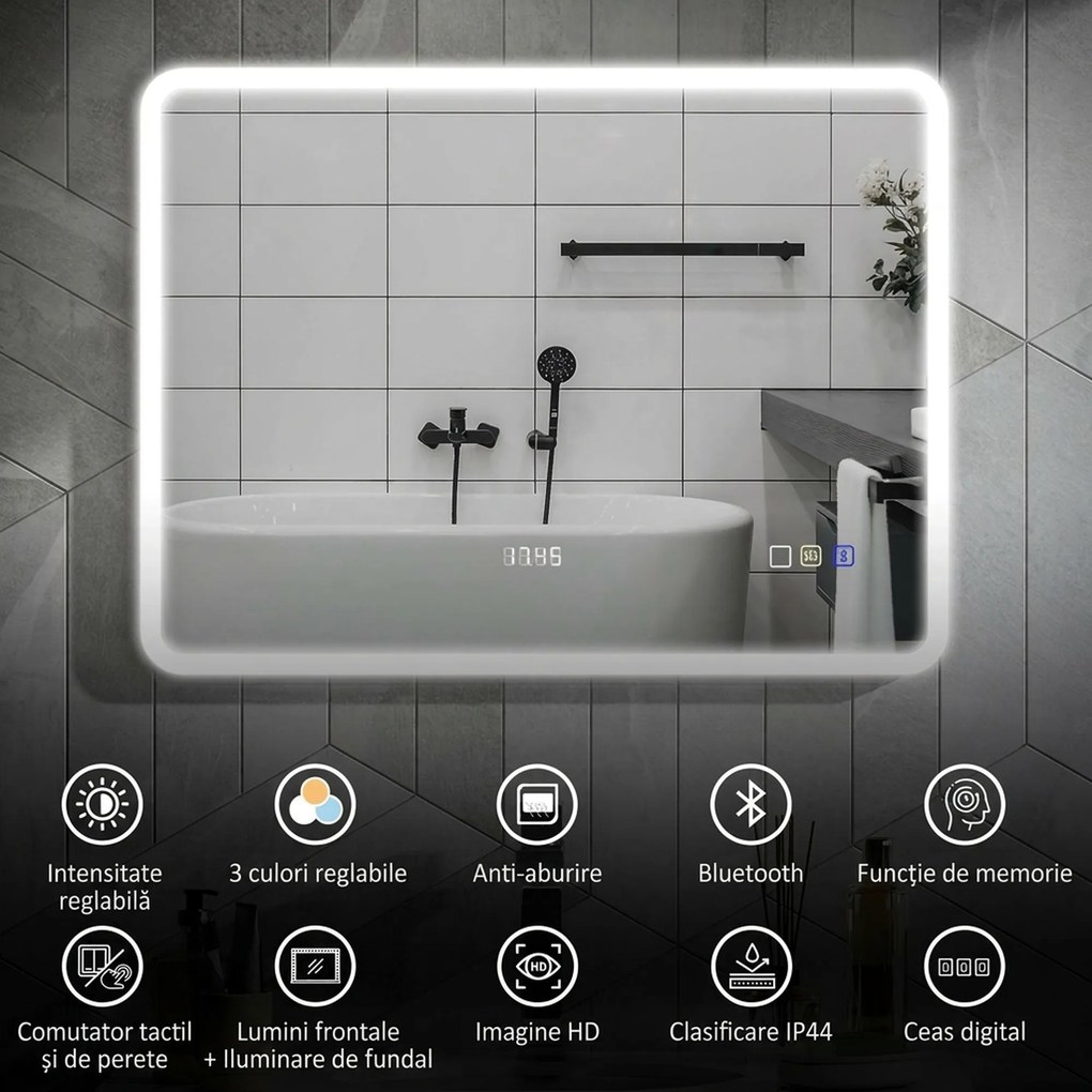 HOMCOM Oglindă LED pentru Baie cu Bluetooth, Iluminare Reglabilă și Funcție de Memorare, din Sticlă Securizată, 80x60x3,5 cm | Aosom Romania