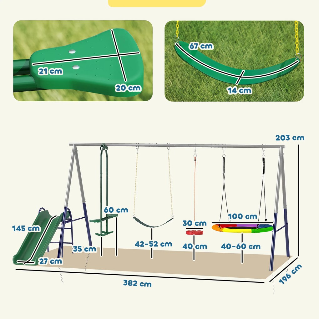 AIYAPLAY Cadru de leagăn 5 in 1 cu tobogan reglabil pe înălțime Cadru cu leagăn tip cuib 382x196 x203 cm Multicolor | Aosom Romania