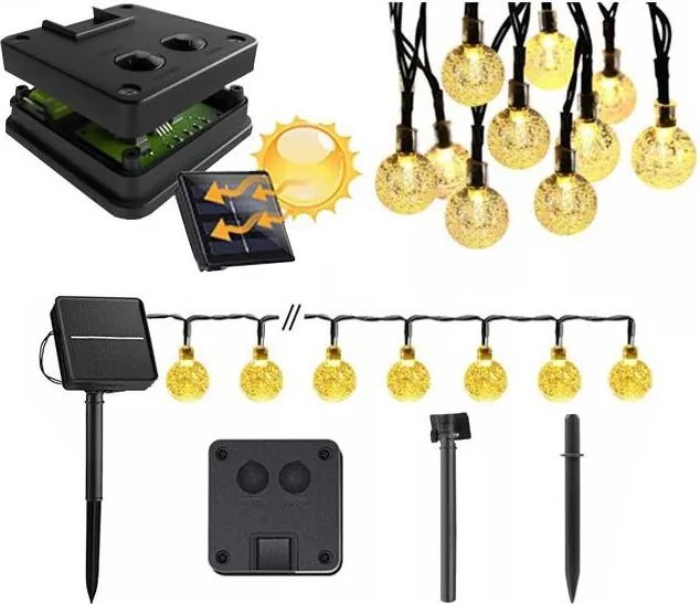 Ghirlandă solară decorativă LED, 50 LED, 8 funcții, acumulator 500 mAh, 9,5 m, IP67, alb cald