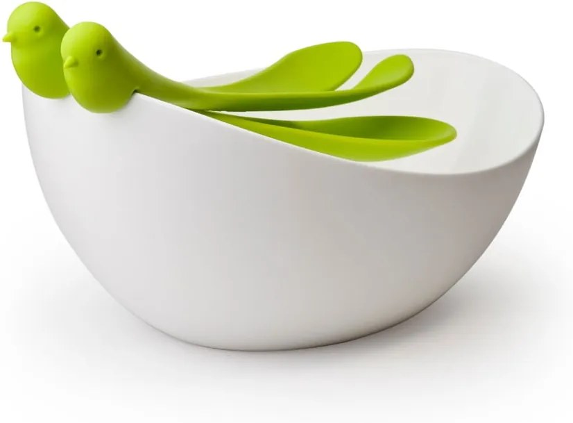Set de salată cu bol Qualy&CO Salad Bowl, alb - verde