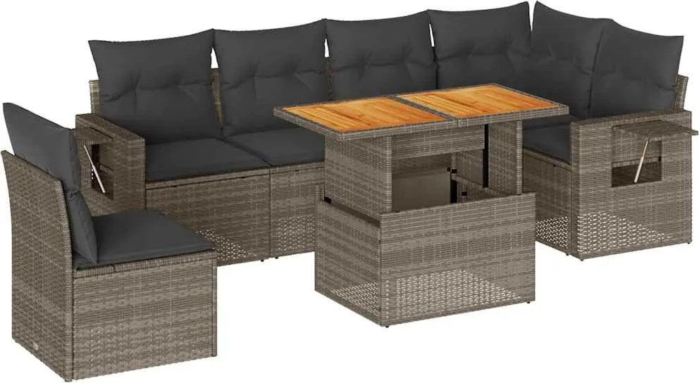 vidaXL Set canapele de grădină, 7 piese, cu perne, gri, poliratan