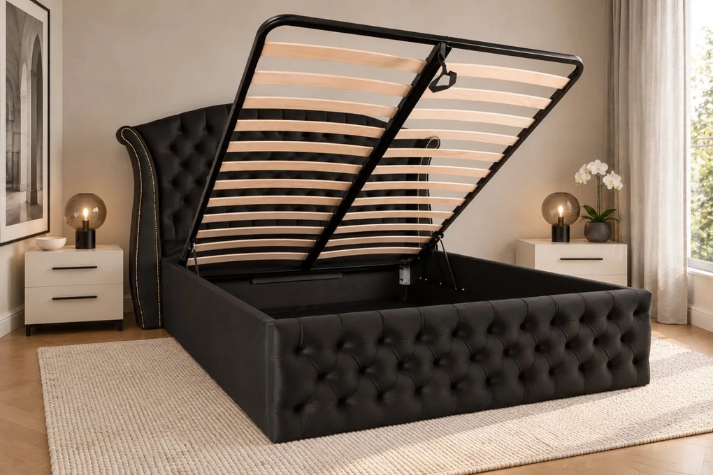 Pat tapițat Sorella 160×200 cm, negru, cu ladă de depozitare