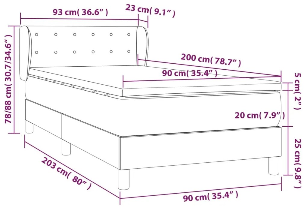 Pat box spring cu saltea, gri, 90x200 cm, piele ecologica Gri, 90 x 200 cm, Nasturi de tapiterie