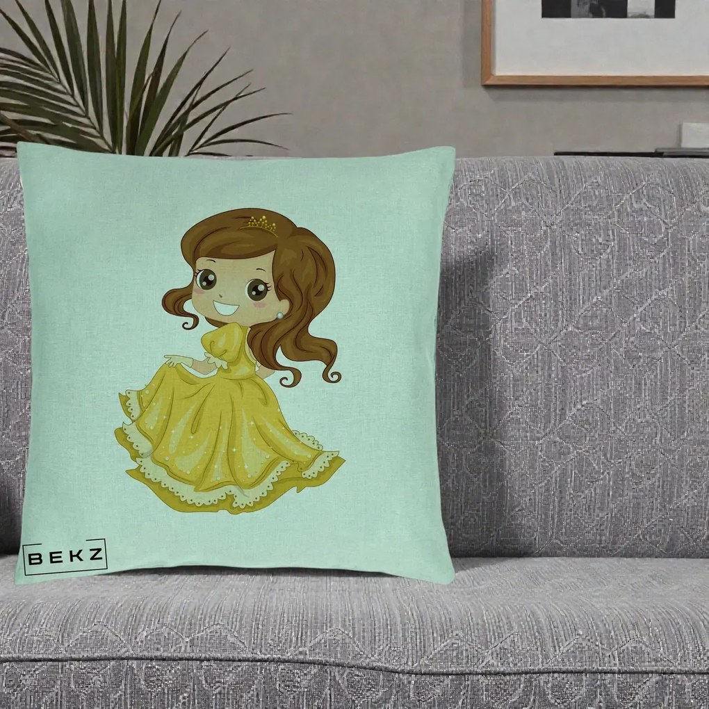 Perna Decorativa Printesa Bella Rochie Aurie, 40x40 cm, Verde Menta, Husa Detasabila, Perna Inclusa, BEKZ®