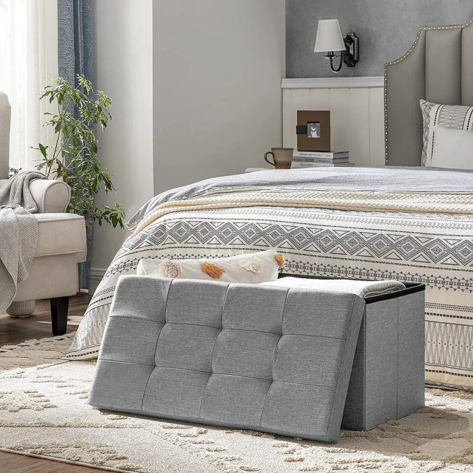 Bancheta cu capac si spatiu depozitare, MDF / textil, gri, Vasagle