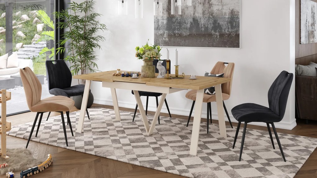 Mazzoni AVERY Stejar Artisan/picioare bej (sampanie) - MASĂ DE LOFT/INDUSTRIALĂ PENTRU SALON/SUFRAGERIE EXTENSIBILĂ - 2 MĂRIMI!