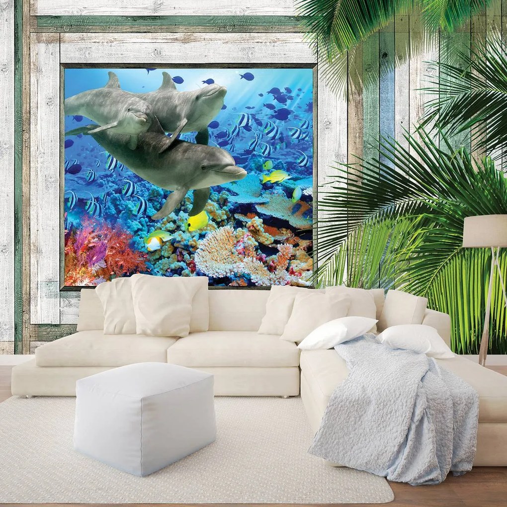 Fototapet - Delfinii și peștii sub mare (152,5x104 cm)