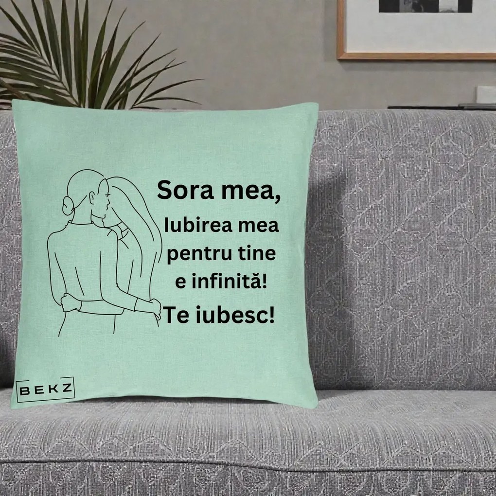Cadou pentru Sora - Perna Personalizata Sora Mea Te Iubesc Imbratisare din Spate Line Art, 40x40 cm, Verde Menta, Husa Detasabila, Perna Inclusa, BEKZ®