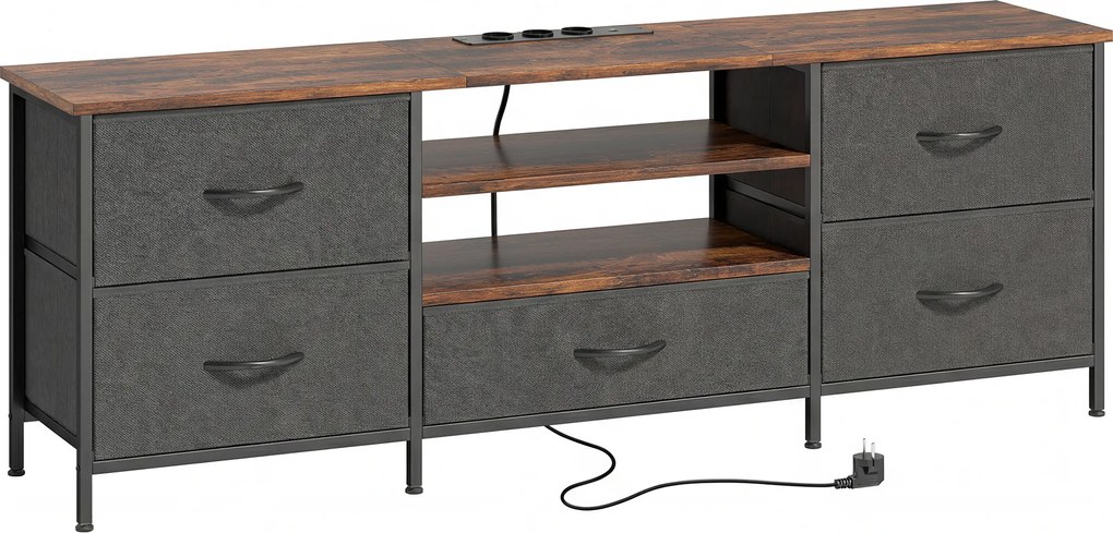 HOMCOM Comodă TV 140 cm, suport TV 165,1 cm, stație de încărcare, 5 sertare din material textil, rafturi deschise, 140x30x50cm, maro | Aosom Romania