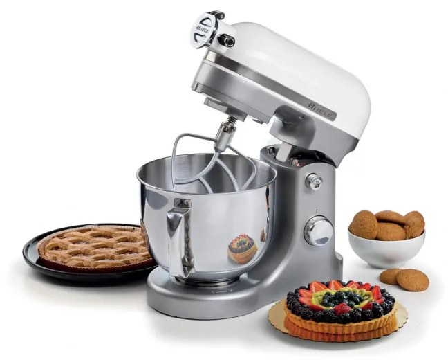 Mixer planetar Ariete MODERNA 1589/01, 3200W, 5.5 L, 11 viteze, Carcasa aluminiu masiv, Accesorii, Alb/Inox