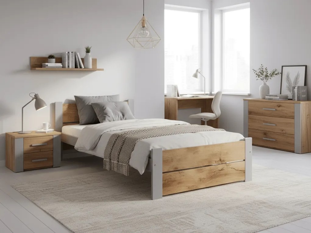 Pat de o persoana IKAROS DOUBLE 90 x 200 cm, stejar artisan/gri Saltele: Cu saltele Deluxe 10 cm, Somiera pat: Cu lamele drepte